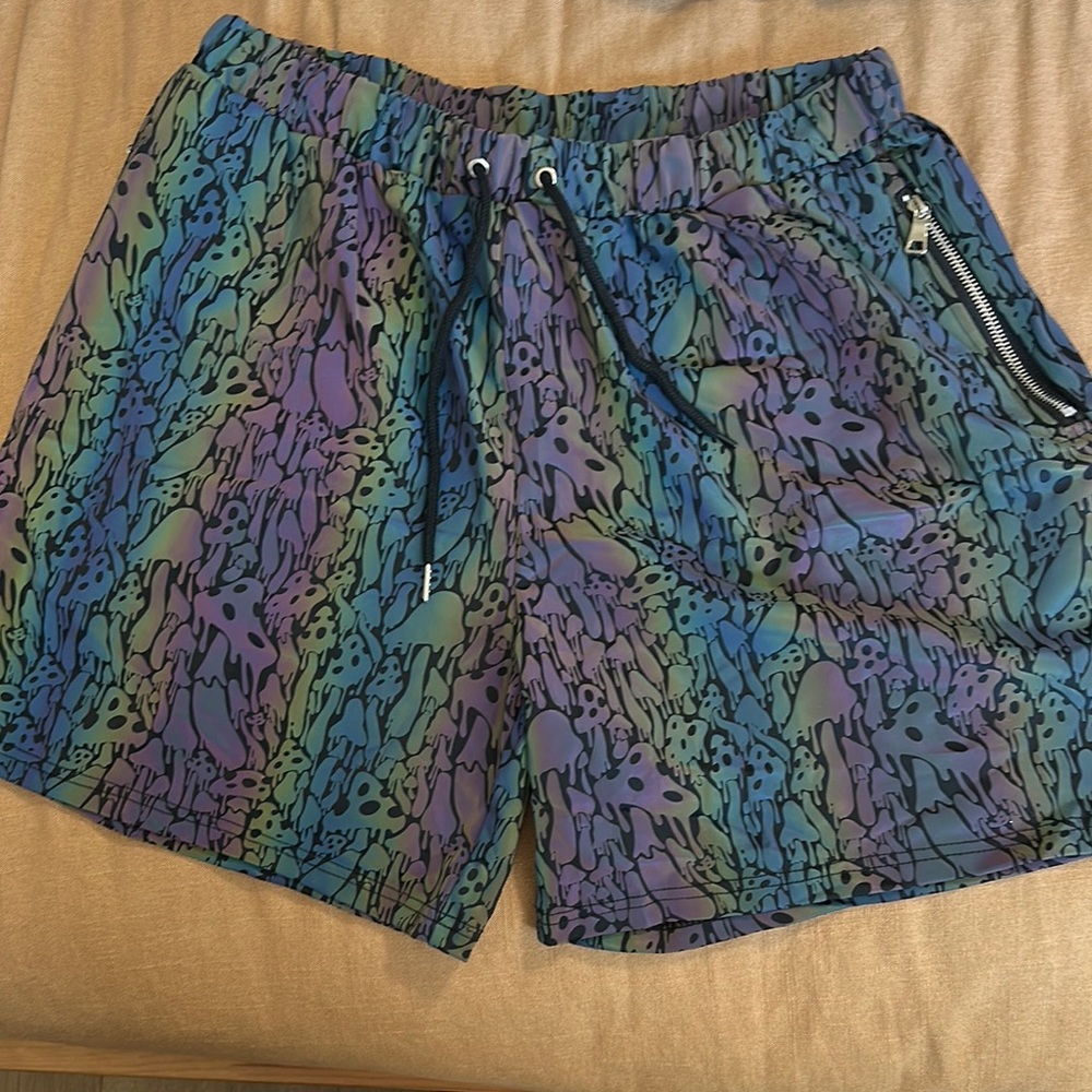 Holographic mushroom rave shorts